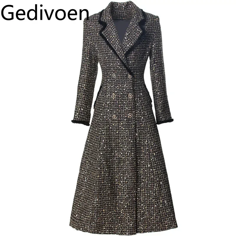 Gedivoen Autumn and winter Women's Coat Long-Sleeved Notched Double-breasted Sequins design Streetwear Brown Overcoat