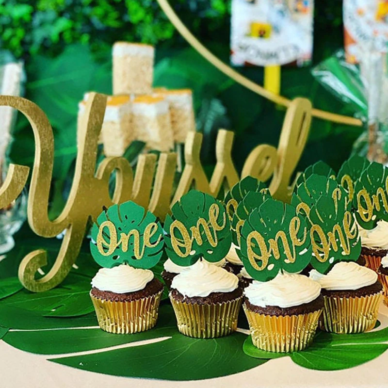 Topper de pastel de feliz cumpleaños para niño y niña, adorno de Cupcake de primer cumpleaños, decoración de fiesta de Safari de jungla, oro brillante, uno salvaje