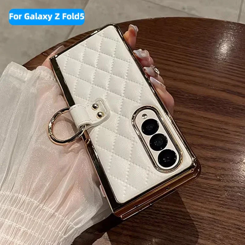 For Samsung Galaxy Z Fold 5 Z Fold 3 4 Leather Case With Ring Screen Protector Plating Woman Girl Luxury Phone Case