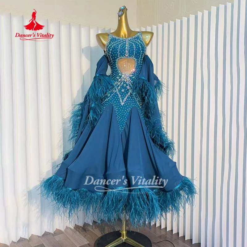 

Social Dance Costume for Women Customized High End Luxury AB Stones Feather Waltz Foxtrot Performance Clothing Dancer's Vitality
