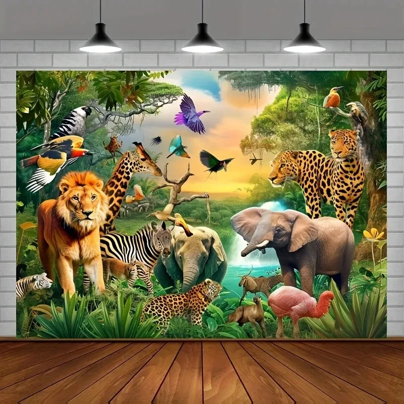 Arrière-plan avec Animaux de la Jungle, Décor de Safari Africain, Désert Tropical, Fournitures de ixd'Anniversaire pour Homme