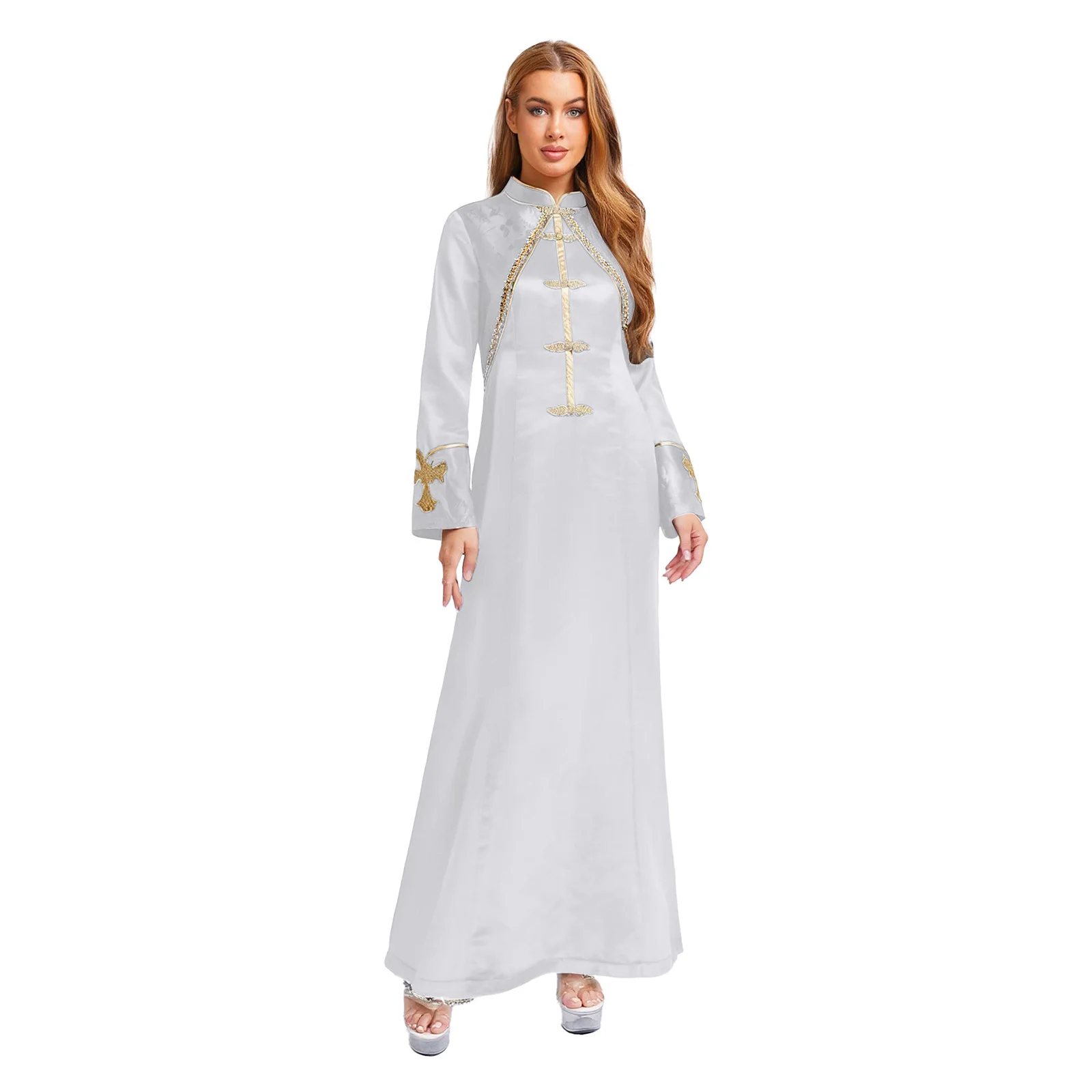 

Women Carnival Priest Clergy Performance Long Robe Dress Gold Cross Embroidery Lace Trim Cassock Dress Halloween Church Costume