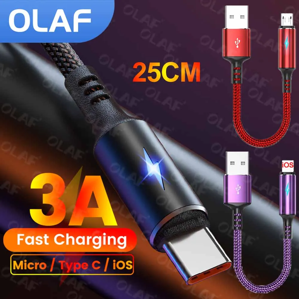 

25cm Short 3A USB Type C Micro Fast Charging Data Cable USB to Lightning Charging Cable Wire Cord For iPhone Xiaomi Power Bank