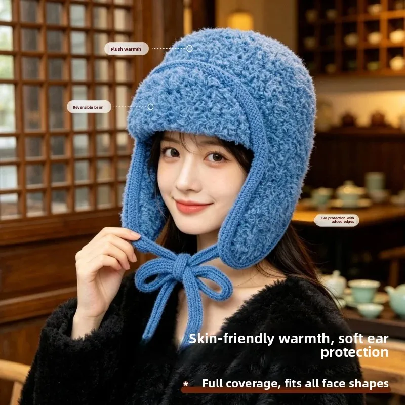 韓国スタイルの厚く暖かいニット帽子豪華な耳保護キャップ秋冬ファッション女性のフライトハット大周囲径
