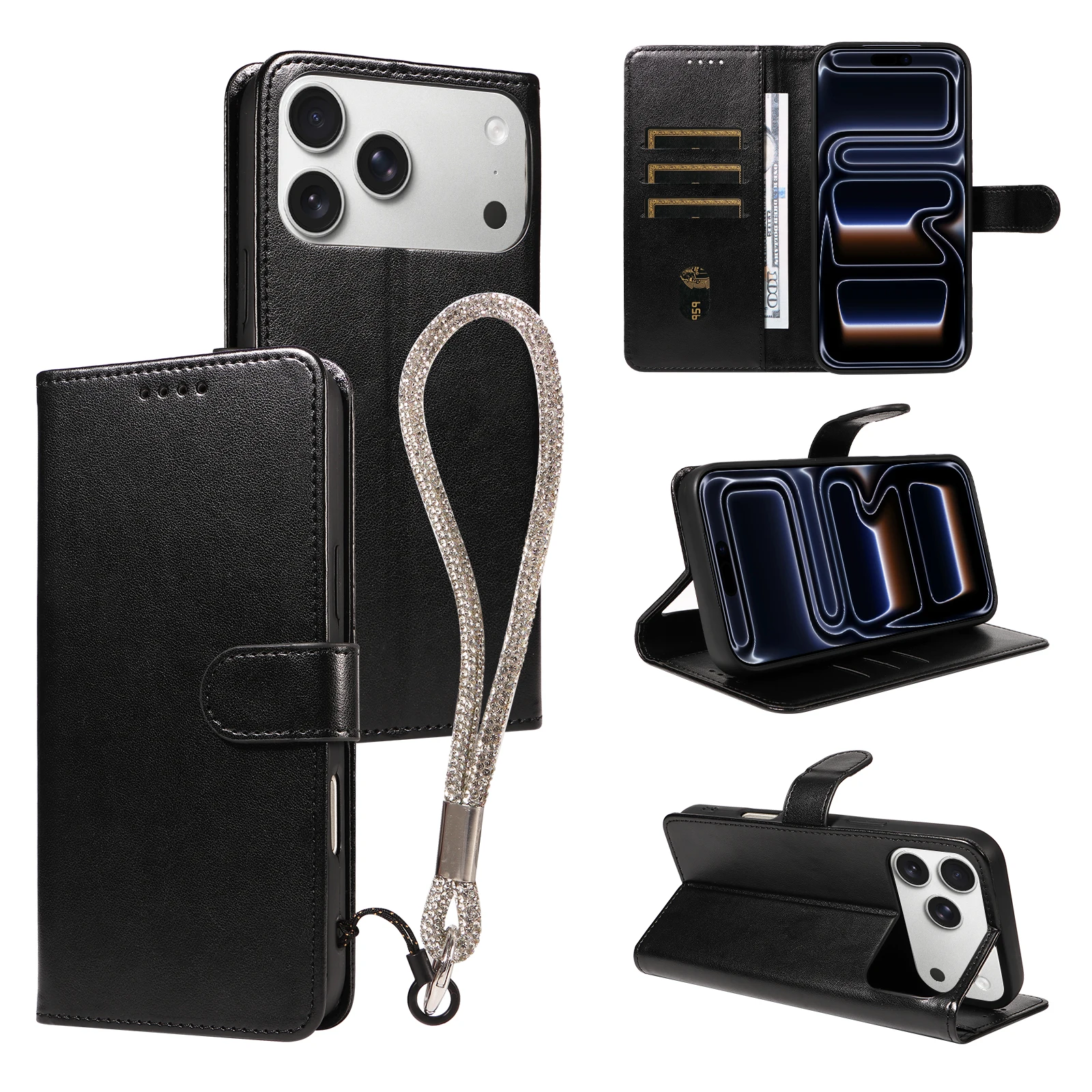 Leder-Handyhülle für iPhone 17, 16, 15, 14, 13, 12, 11, mit Handschlaufe, kratzfeste, stoßfeste Schutzhülle im Brieftaschen-Stil