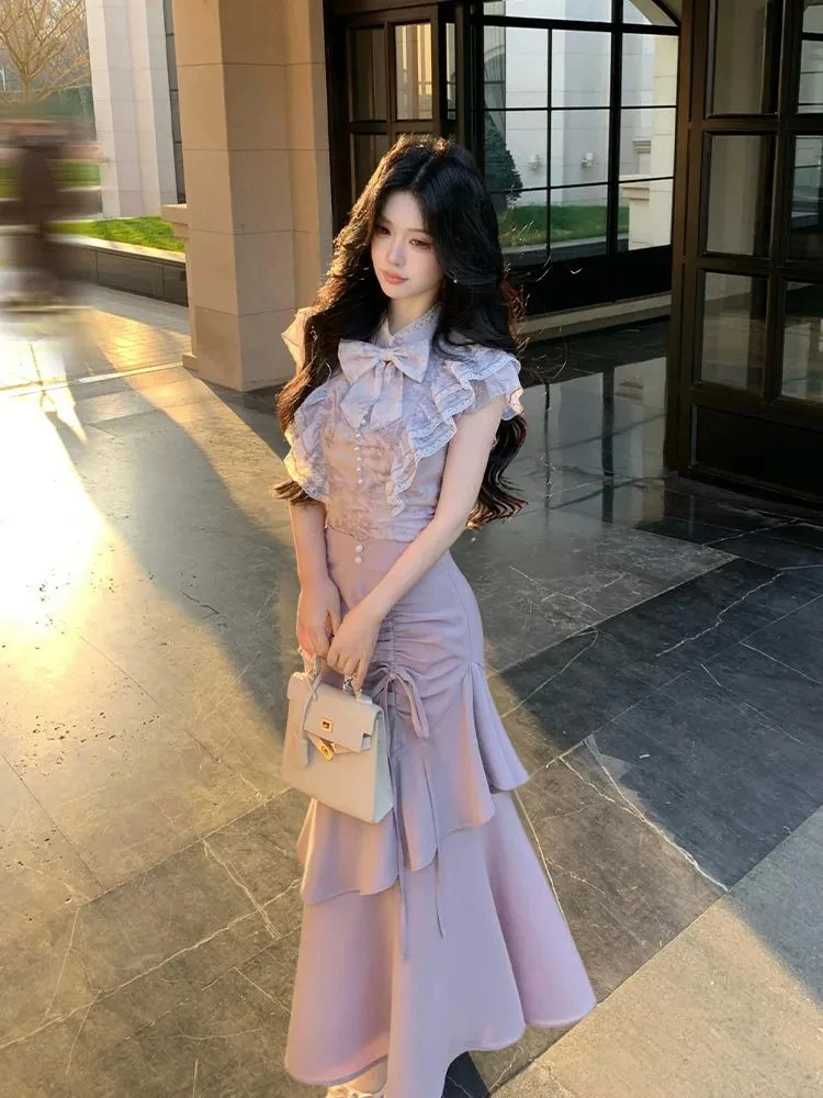 

Elegant Short Sleeve Shirt And Fish Tail Long Skirt Set for Women Summer New Style Asymmetrical Hemline Gentle Style Workwear