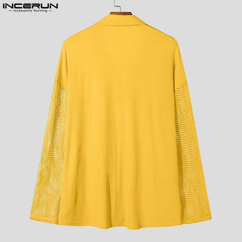 INCERUN Men Shirt Mesh Patchwork Transparent Lapel Long Sleeve Loose Men Clothing Streetwear 2024 Pockets Fashion Casual Camisas