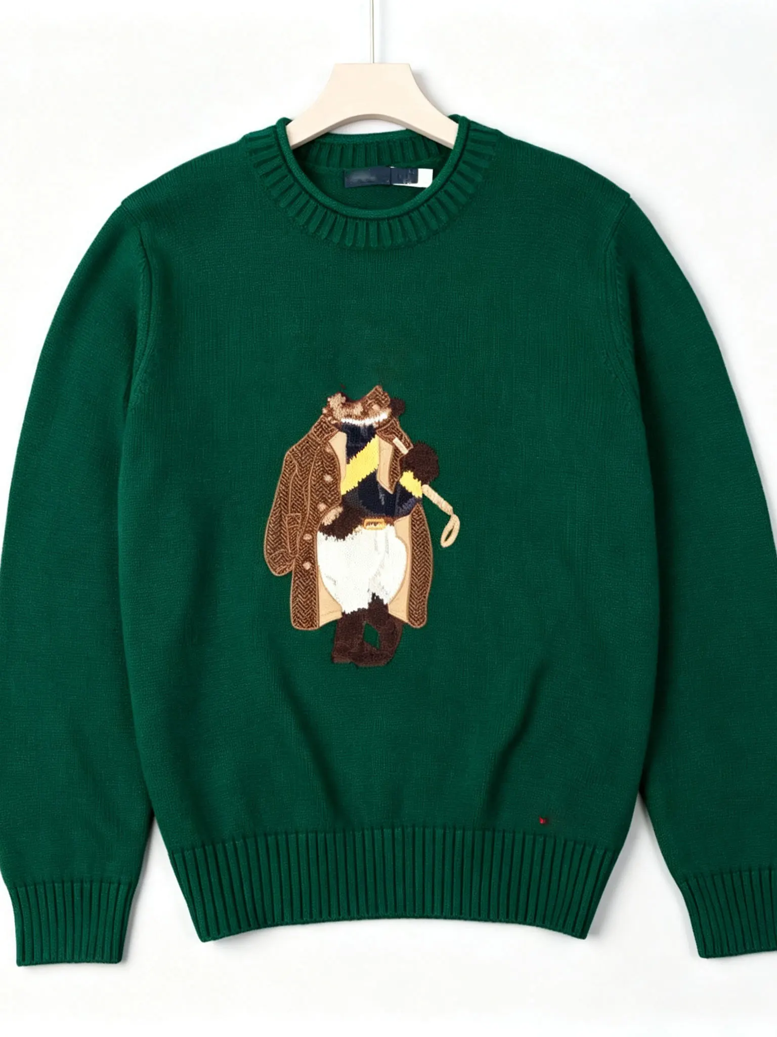 Loose Casual round Neck Knitted Sweater Green Cotton Thread Long Sleeve Cartoon Bear Embroidery Women's Comfortable Soft Wint...