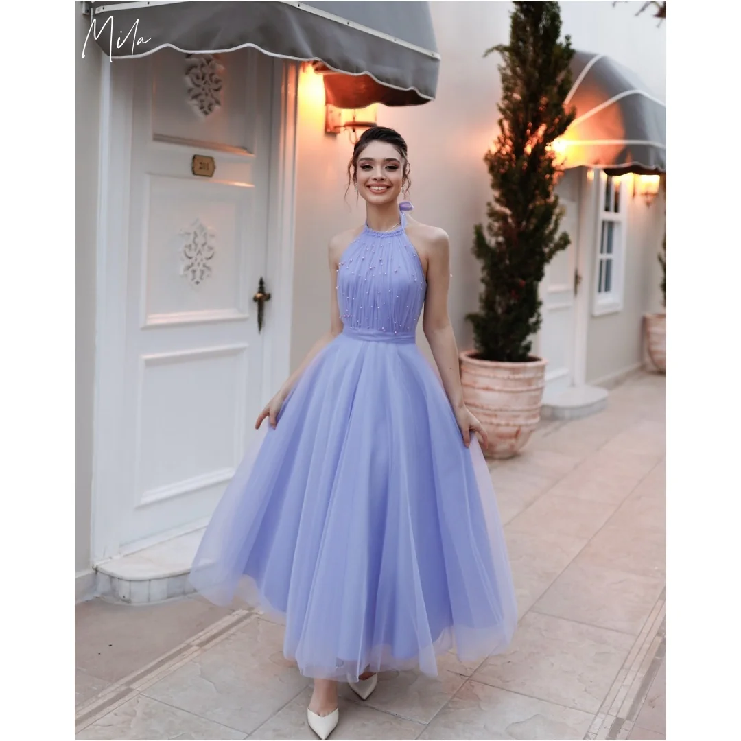 

Lavender Halter Neck Beaded Customized Formal Evening Tulle A-Line Midi Gown vestidos de gala Elegant Prom Dresses A-line 2025