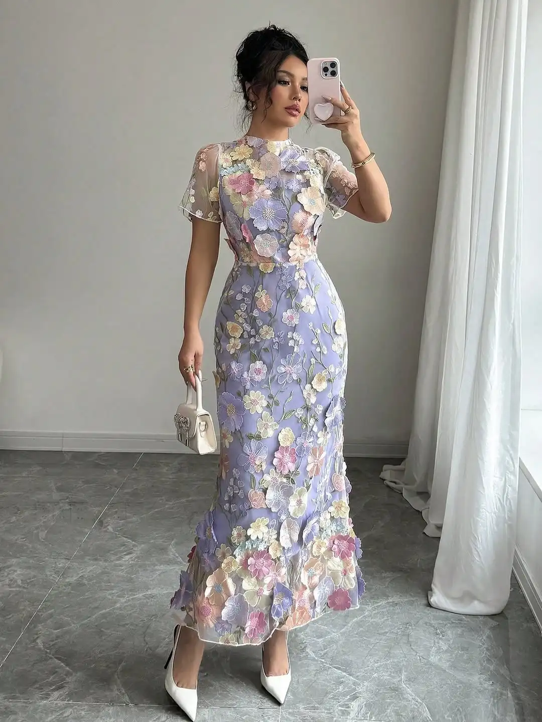 MD New Modern 3D Lace Evening Gown Mermaid Ankle-Length O-Neck Short Sleeves Prom Down فستان حفلة موسيقية customised 2025