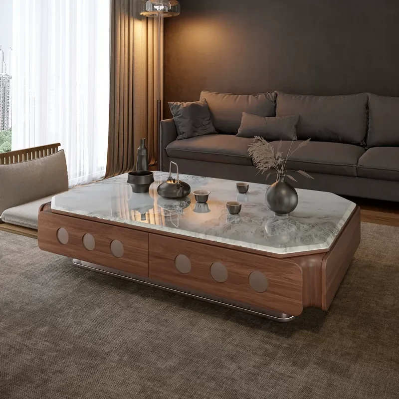Multifunctional Mobile Sintered Stone Coffee Table Solid Wood Walnut High End Simple Tea Table for Living Room Small