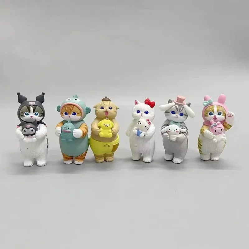 Anime Sanrio Mini Kawaii Figuur 6 Stks/partij 5.1-5.4Cm Haaienkat Vasthouden Op Kuromi Hello Kitty Hangyodon Huisdierenmodel Geschenken