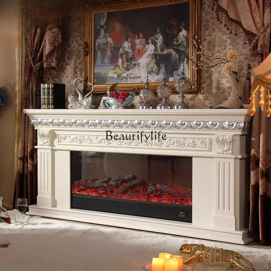 

01 European antique white fireplace American decorative cabinet electronic simulation flame