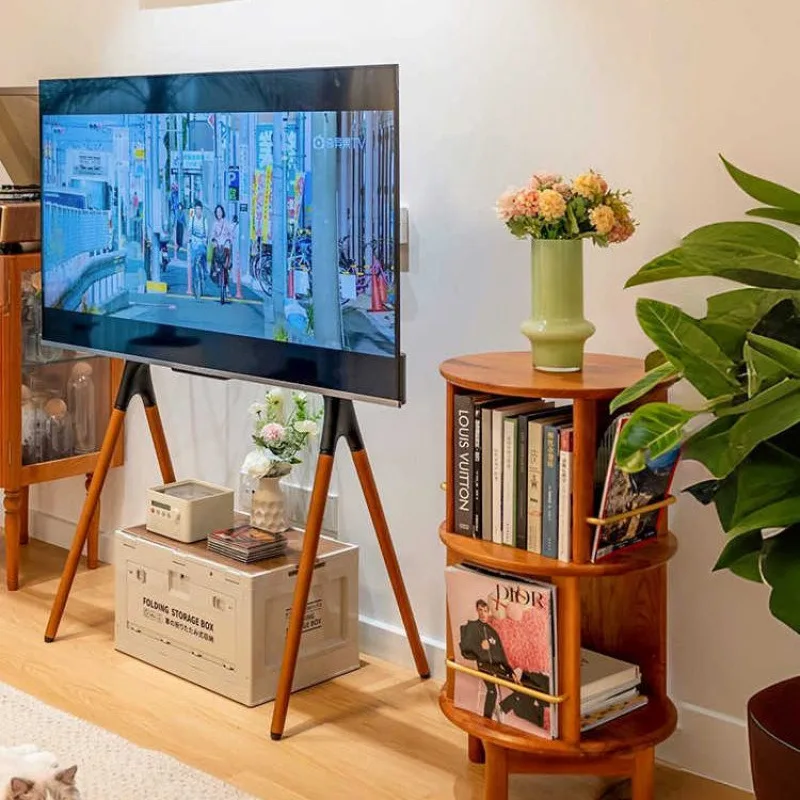 Retro American walnut mobile rotating edge table, living room sofa storage tea cabinet