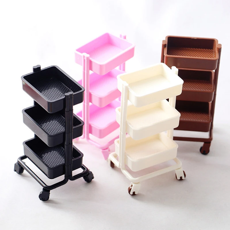 1Set miniatur keranjang makan 1:12 rumah boneka dengan roda rak tampilan penyimpanan rak buku mainan Dekorasi Model furnitur