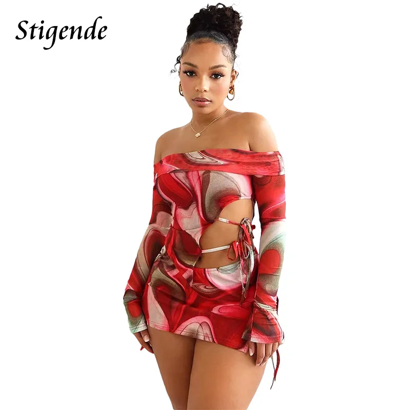 

Stigende Sexy Irregular Two Piece Skirt Set Women Bandage Outfits Off Shoulder Crop Top Side Split Mini Skirt