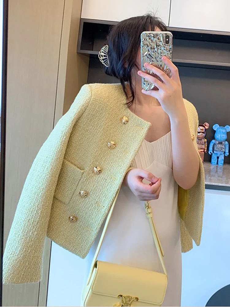 Small Fragrance Women Yellow Tweed Jacket Coat Vintage Fashion Double breasted Woolen Ladies Elegant Outerwear 2024 New