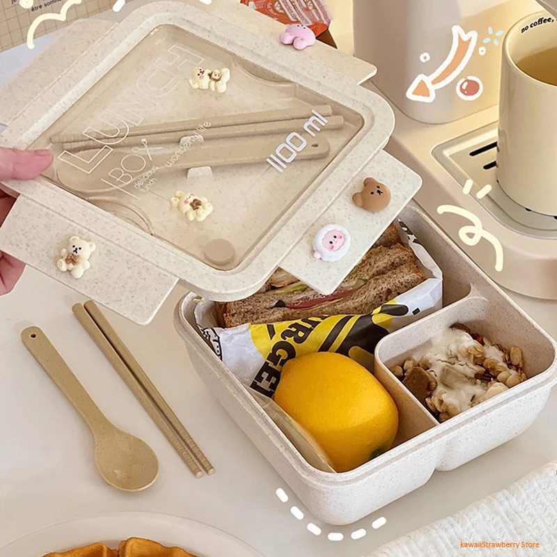 

Portable Big Bento Box with Spoon Chopsticks Lunch Box for Kids School Adults Office Wheat Straw Microwave Picnic Storage