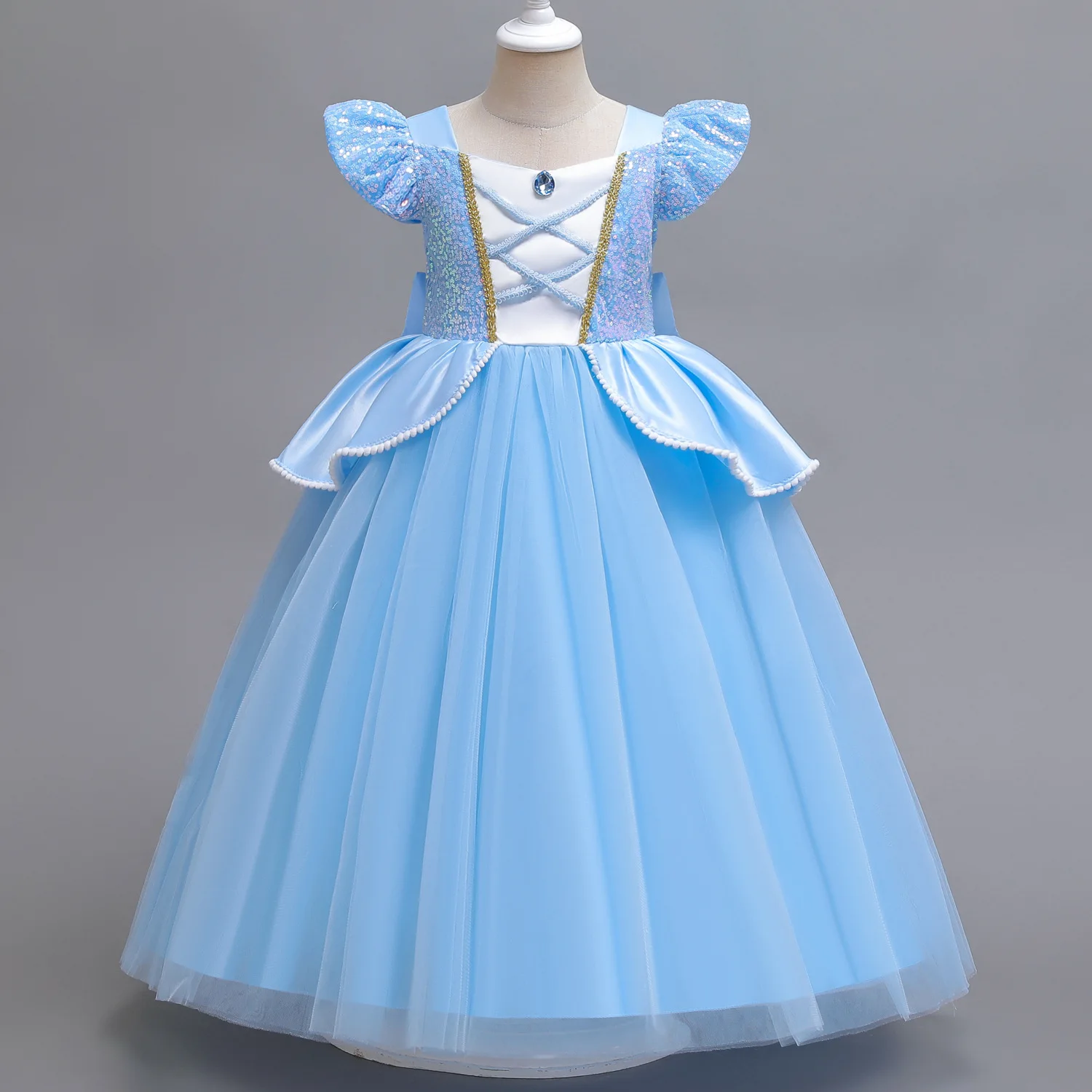 Kids Girls Cosplay Blue Cinderella Costume Deluxe Lace Dress Birthday Party Princess Fairy Tale Grace Ball Gown 1-12Yrs Clothes