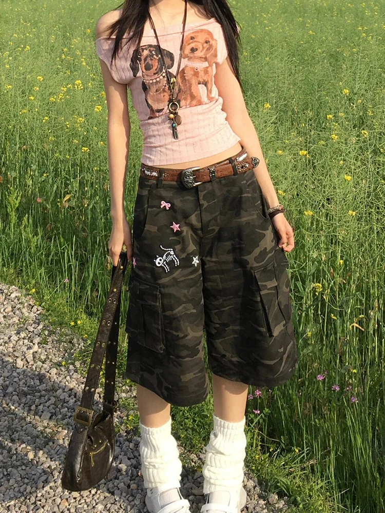 PBAP 수 놓은 여성 위장 데님 반바지 로우 허리 스플 라이스 멀티 포켓 스트레이트 와이드 카고 청바지 Jorts Y2k 빈티지 의류