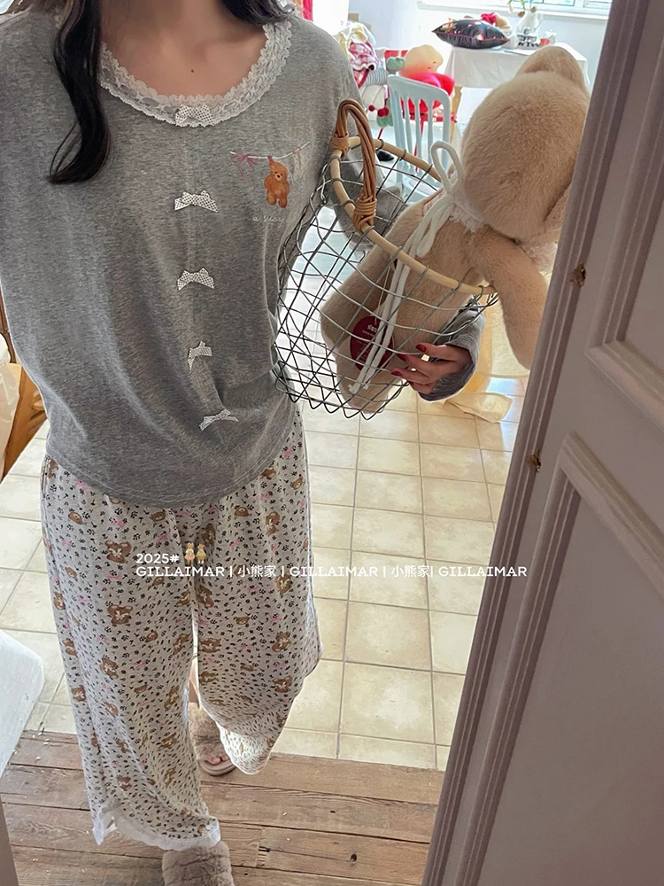 Japanese Ins Cute Girl Round Neck Cartoon Lace Bow Long Sleeve Pajamas Loose Casual Loungewear Set Can Be Worn Outside