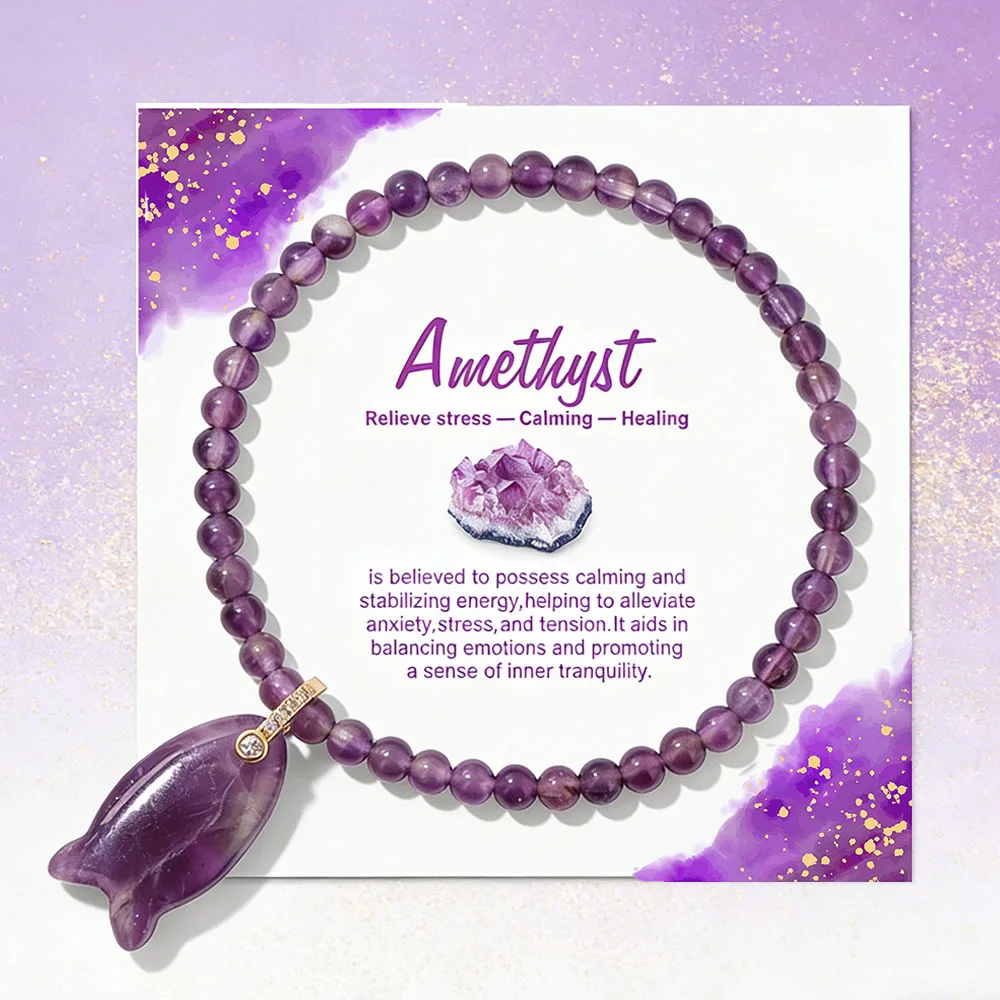 Peixe charme ametistas pulseira pedra natural quartzs frisado pulseiras para mulheres homens aliviar o estresse calmante cura jóias presente