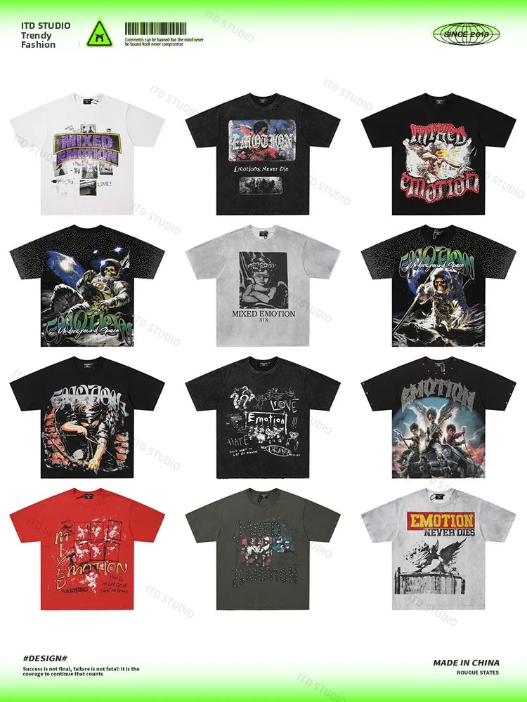 Mixed Emotion High Street Angel Print Rhinestone T-Shirt Unisex Short Sleeve Cotton Casual Wear Summer Top for Men And Women