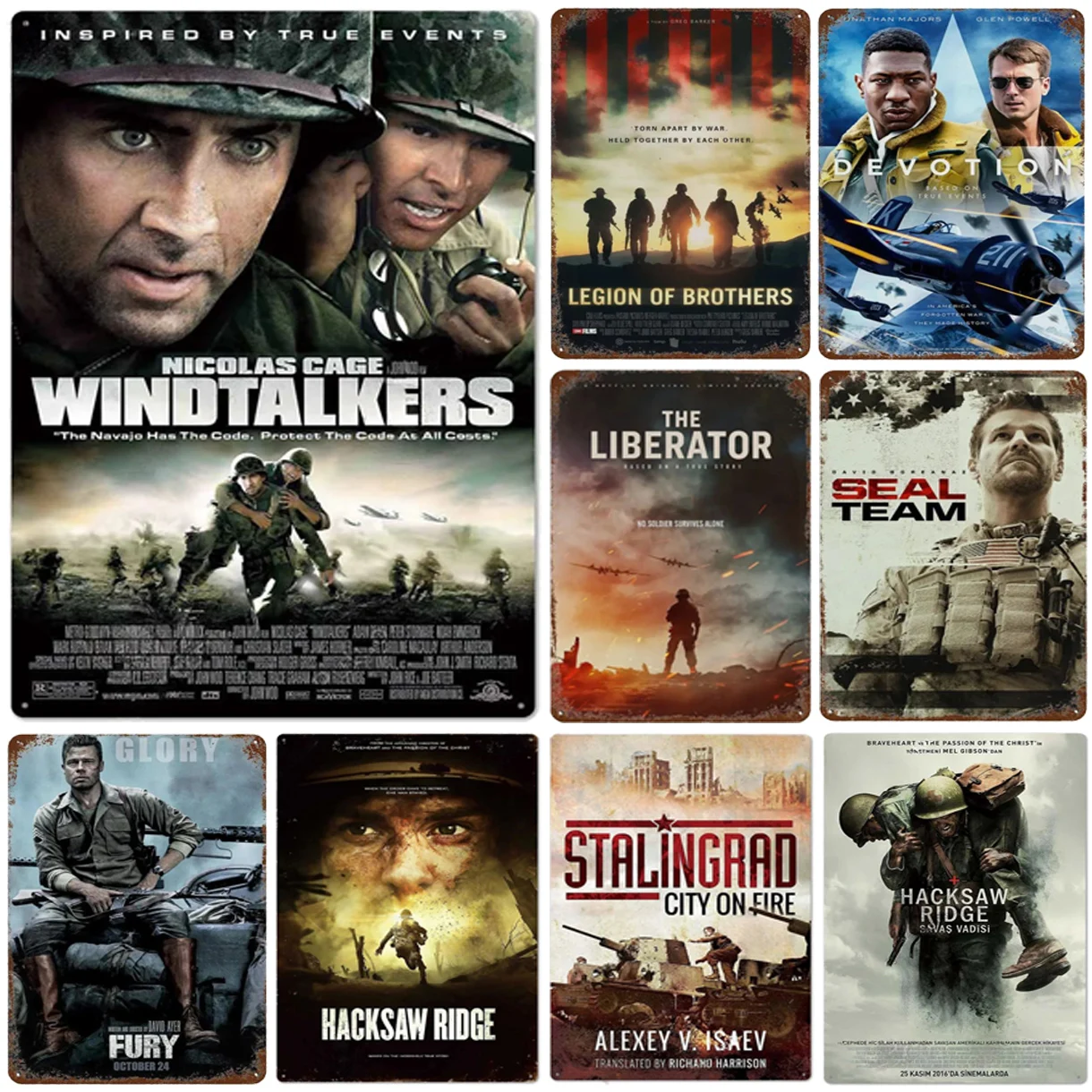 Conjunto de Placas de Metal Vintage com Pôsteres de Filmes de Guerra Militares Retrô Windtalkers Hacksaw Ridge Stalingrad, Decoração de Arte de Parede para Bar e Caverna do Homem