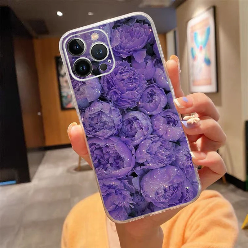 Purple Flower Rose Peony Cherry Phone Case For iphone 16 15 14 Pro Max 16 15 14 13 12 Pro 15Plus iphone 11