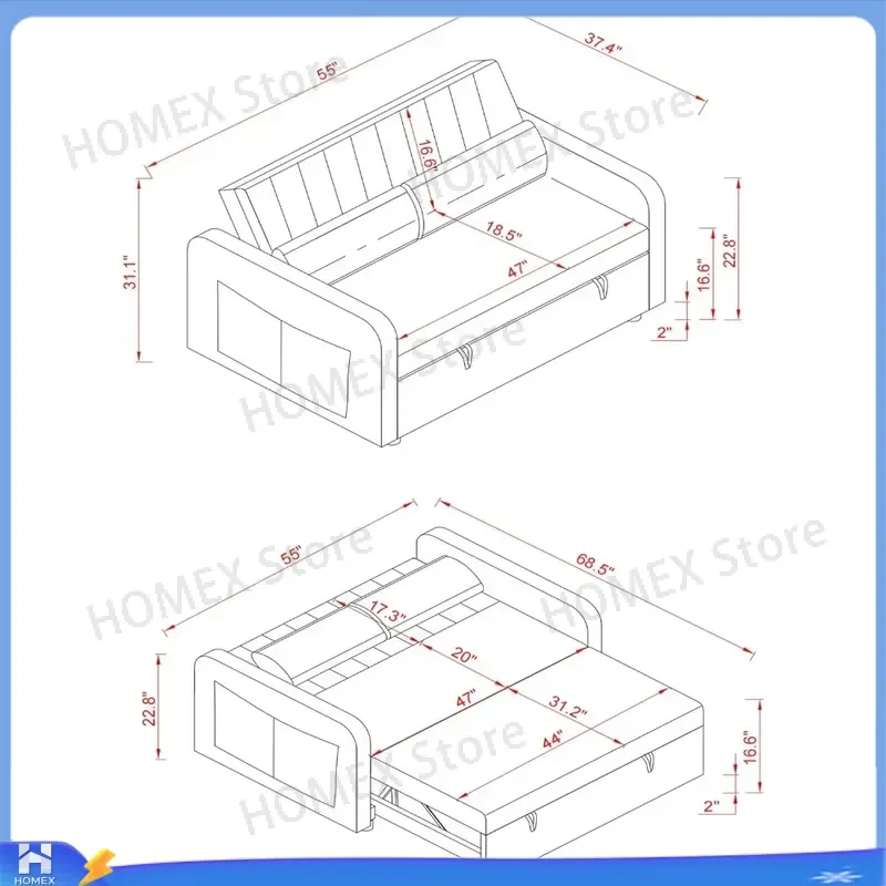 55 Inch Sofa Bed Pull Out Sleeper Couch Loveseat Futon with Side Pocket Convertible Living Room Furniture Space Saving