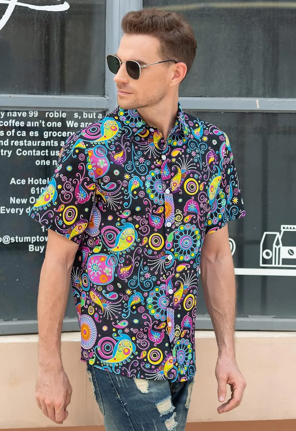 2026 Summer Men Luxury Smooth Silk-Feeling Polyester Short-Sleeve Shirt Colorful Printed Blouse, Festival Performance Party Gift