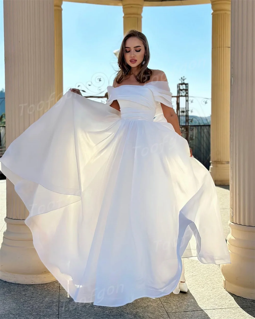 Toofgon Customized Off Shoulder A Line Wedding Dresses Organza Short Sleeve Bride Gown Backless Long Beach Boho Bridal Gown