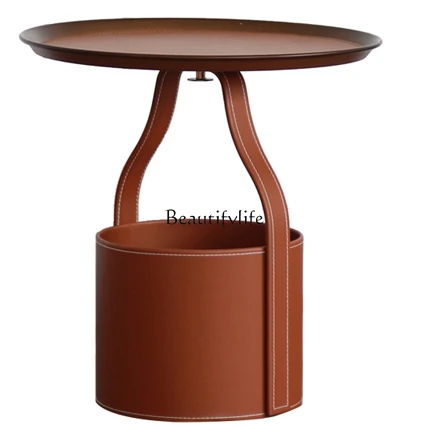 

Golden Brown Italian Handmade Saddle Leather Storage Tea Table