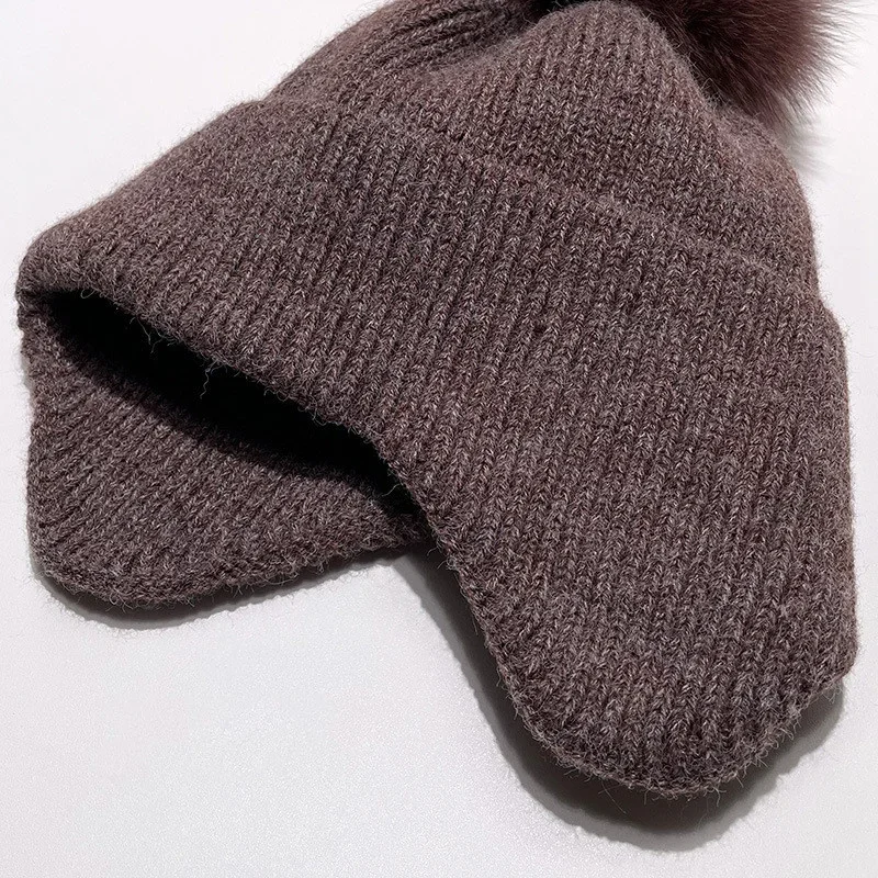 Solid Hat Women Knitted High Quality Ear Flap Wool Cap With Natural Fox Fur Pompom Female Winter Warm Caps