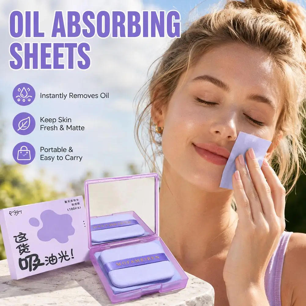 100pcs Facial Oil Blotting Paper With Mirror Puff Case Portable Oil Control Tool Kits Facial Oil Absorbing Sheets