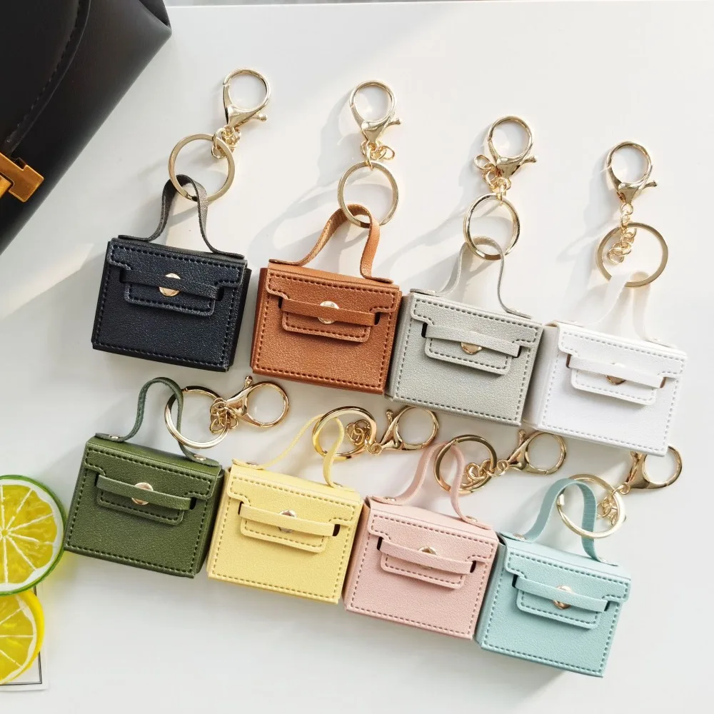

Creative Solid Color Small Square Bag Keychain Gift PU Leather Wallet Coin Purse Bag Pendant Earphone Storage Bag