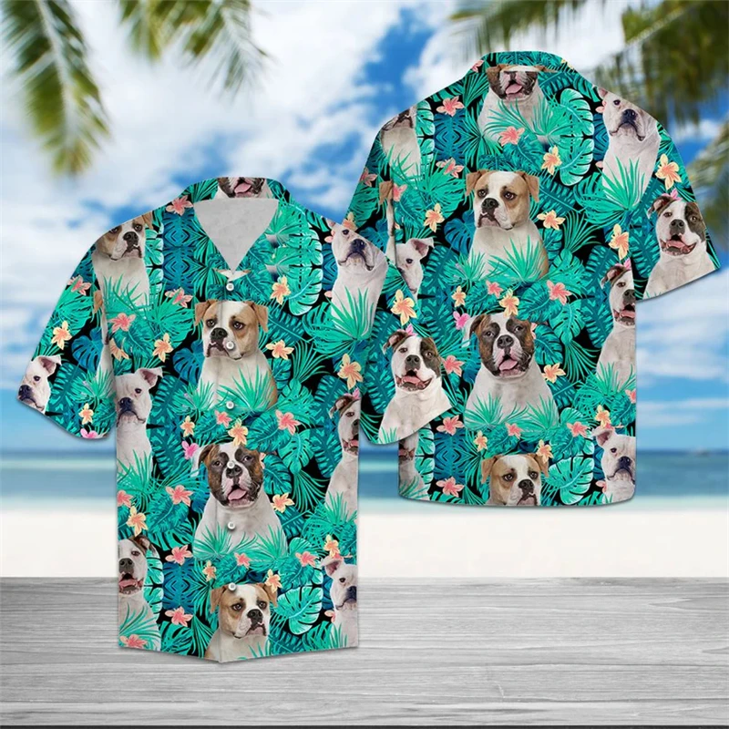 Funny Bulldog Pattern Hawaiian Shirts Summer Fashion Short Sleeve 3D Printed Lapel Shirt Loose Breathable Button Mens Clothing