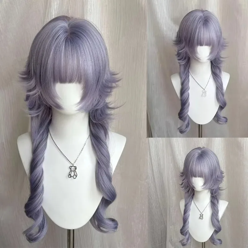 Purple Long Curly Wig with Bangs Princess Roll Lolita Women Outward Curly Synthetic Role Play