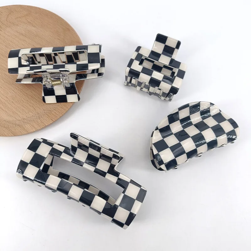 Black White Checkered Rectangle Hair Claw Clips For Women Girls Fashion Hair Clips For Styling Claw Clamps Hair Accessories