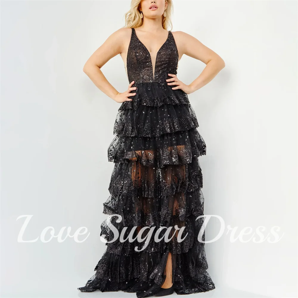 

Exquisite Sparkly Sequin Evenig Dress For Women Sexy Backless V Neck Prom Dresses Black A Line Tiered Tulle Formal Party Gowns