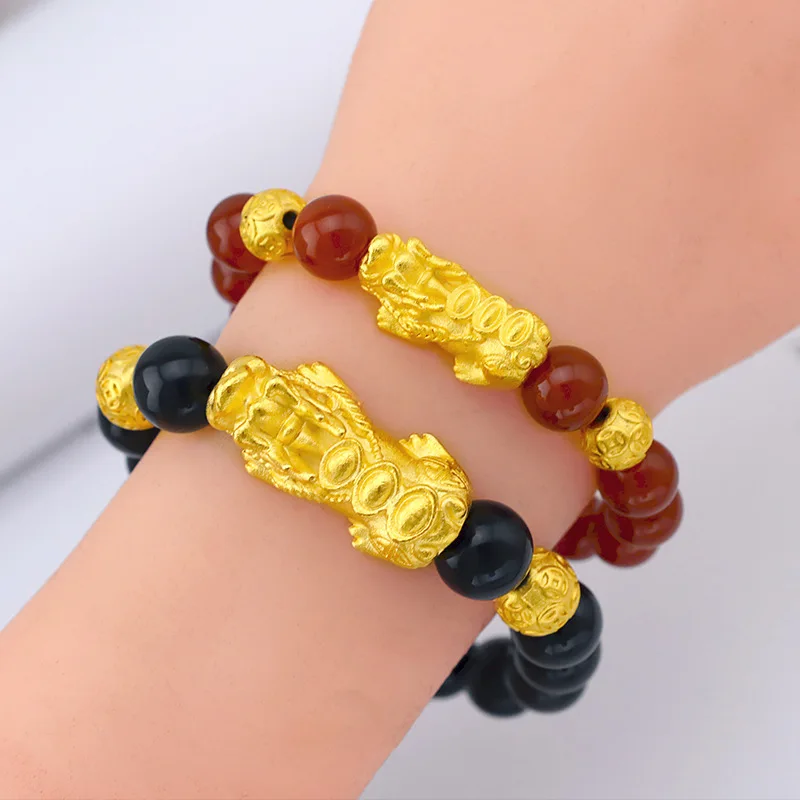 2026 Same Style As Gold Jewelry Shop Couple Fortune Attracting Good Luck Three Ingot Pixiu Bracelet Brass Gold Plated Lucky Bead