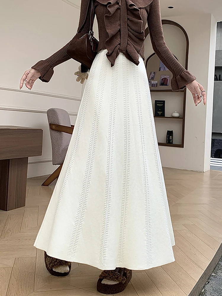 

Новая женская зимняя вязаная юбка миди с высокой талией, А-силуэт, длинная юбка-солнце с фактурной тканью