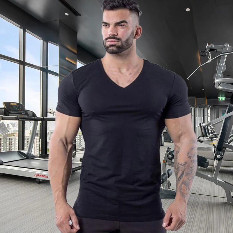 

Mens Running V-neck T-shirt Gym Bodybuilding Fitness Workout Muscle Clothing Plain Summer Cotton Breathable Short Sleeve Shirts