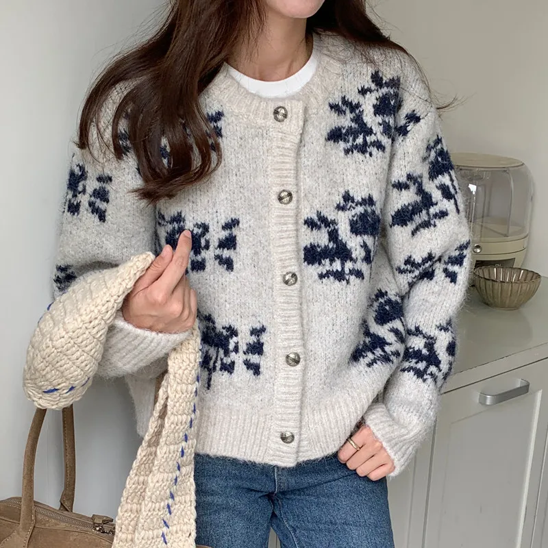 

Женский осенне-зимний винтажный жаккардовый однобортный вязаный кардиган с цветочным принтом, мягкий и толстый свитер, куртка, топ