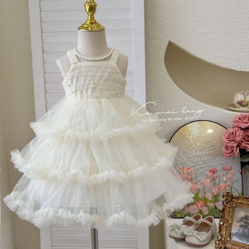 

Girls' Dress2025Summer Style Elegant Princess Dress Pearl Children's Cake Dress Baby Girl Puffy Dress