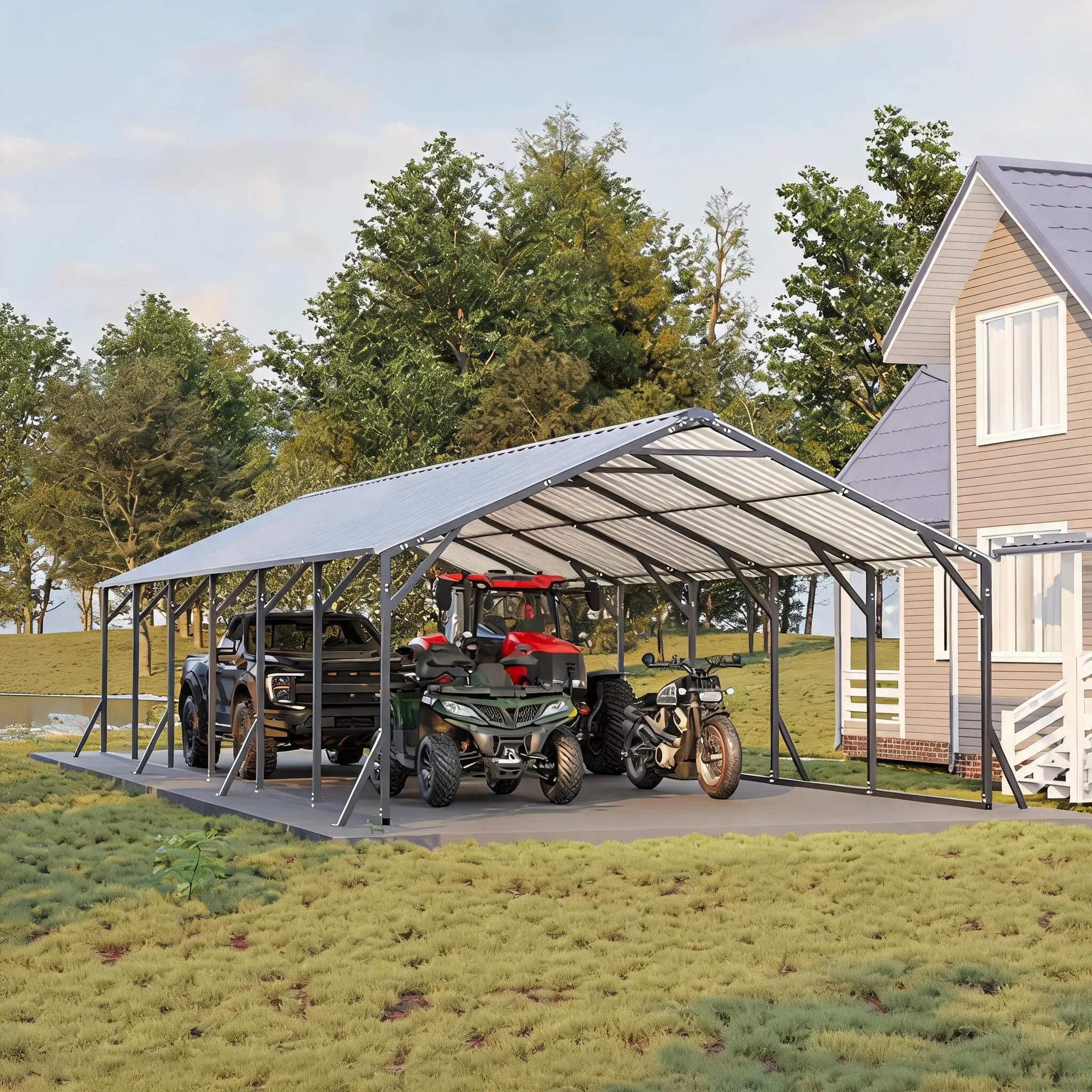 Heavy Duty Steel Metal Carport 20x30 - Outdoor Storage Shelter with Vertical Roof - All-Weather Protection for Multiple Vehicles, Full-Size Trucks, Boats, Tractors