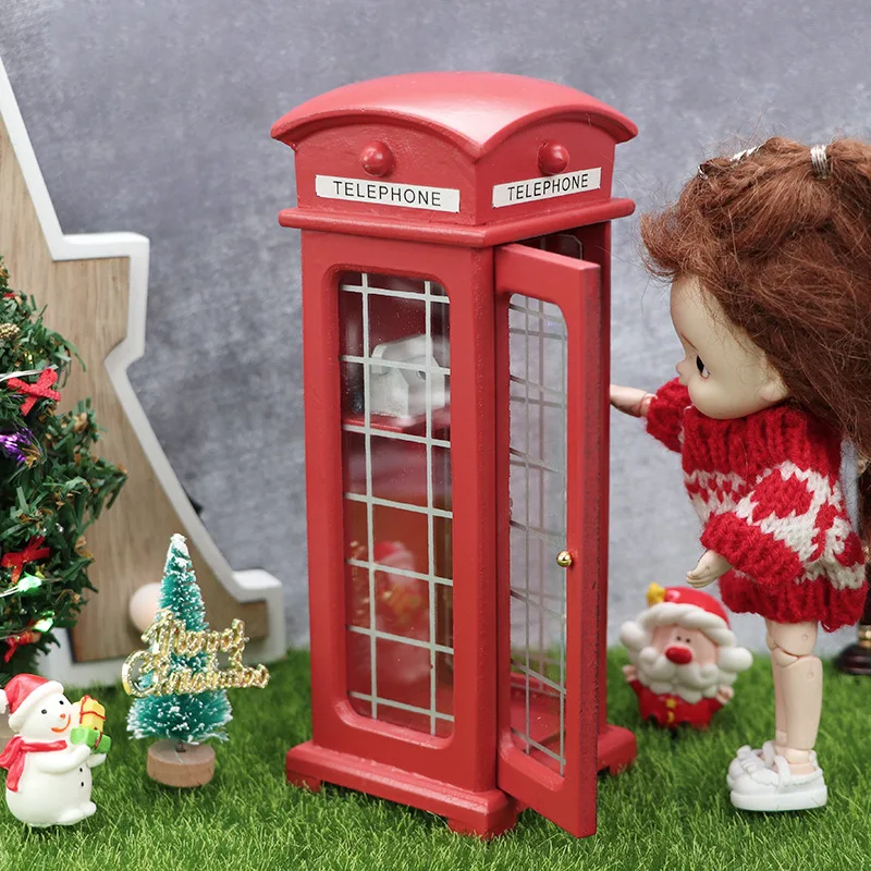 1:12 Outdoor Micro-scene Model Density Board Red Telephone Box Creative Doll House Miniature Ornament Accessories Toys Gifts