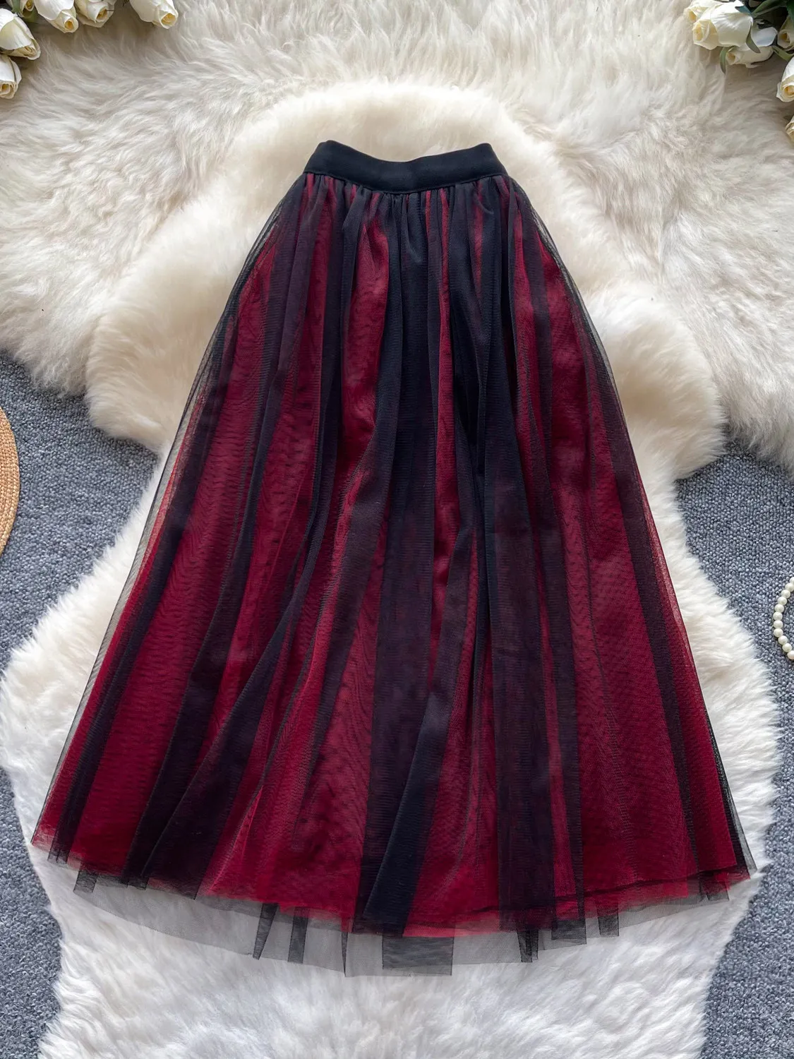 Women Red Gothic Mesh Skirt High Waist Tutu Skirt Y2K Gyaru Vintage Fashion Korean Style A-Line Midi Skirt for Women Summer 2026