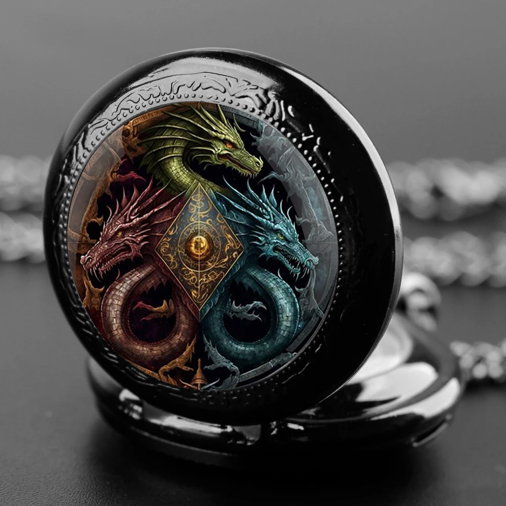 Classic Dragon Game Glass Dome Vintage Quartz Pocket Watch Men Women Pendant Necklace Chain Charm Clock Watch Jewelry Gifts