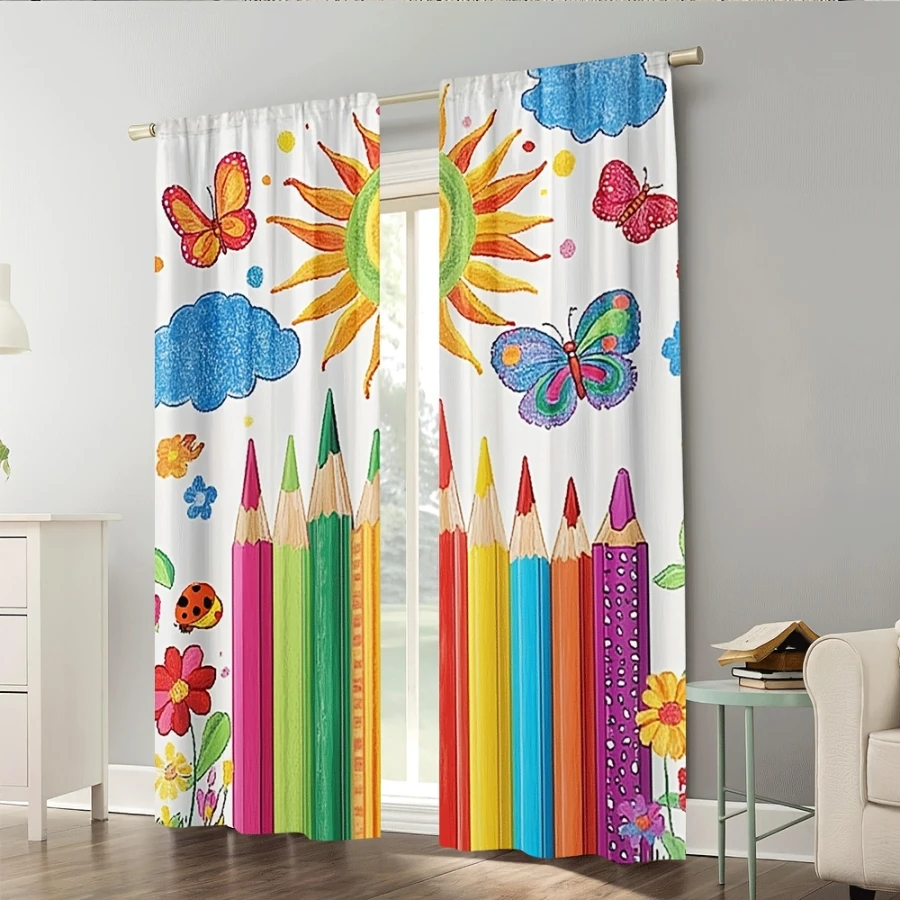 2PCS Digital Print  Curtain, Graffiti Colored Pencil, Rustic Farmhouse Window Treatment Drape for Bedroom Kitchen Decor